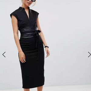 ASOS DESIGN pencil midi dress with faux leather obi belt
